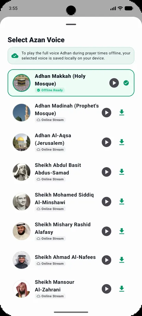 Adhan voice picker listing Makkah, Madinah, Al-Aqsa and several muezzins