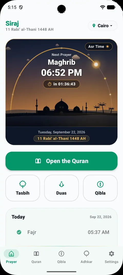 Prayer dashboard: next prayer countdown over a dusk sky, with shortcuts to Tasbih, Duas and Qibla